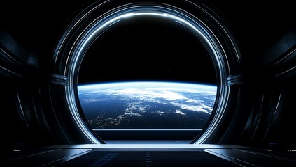 Futuristic spaceship portal with Earth view.