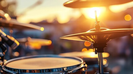 Obraz premium Drum set on stage at sunset. Musical drums kit before concert. Music, drums, musical instruments.