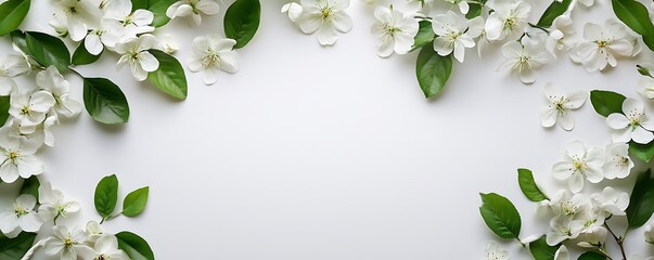 Fototapeta premium White flowers and green leaves frame on white background. (6)