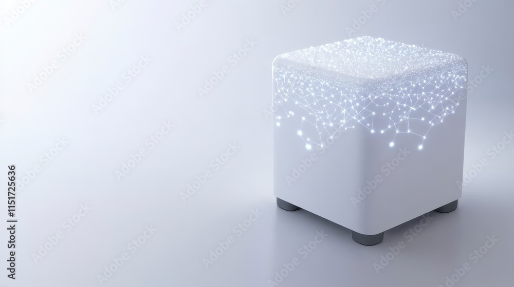 Poster a sleek, modern white cube emits a soft glow with sparkling lights, creating a tranquil, ambient atm