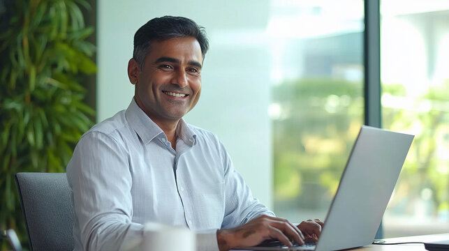 Smiling mature businessman working on laptop in modern office setting