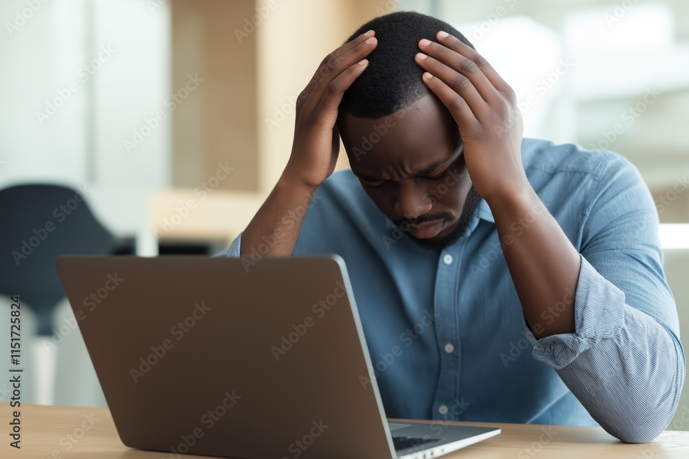 Poster a man is sitting at a table with a laptop in front of him. he is looking at the screen with a worrie