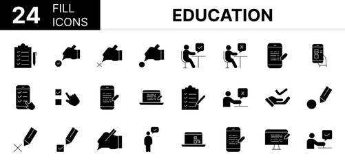 Collection of 24 Education fill icons featuring editable strokes. These outline icons depict various modes of Education, personal computer, smartphone, 