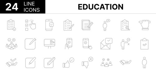 Collection of 24 Education line icons featuring editable strokes. These outline icons depict various modes of Education, pictogram, entry, check, 