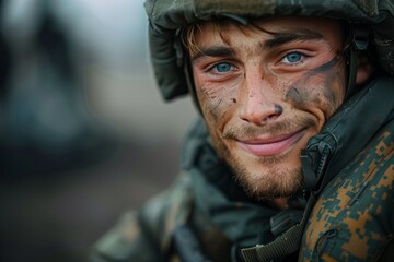 Fototapeta premium A soldier with a confident smile, showcasing determination and resilience after a challenging mission in the field.