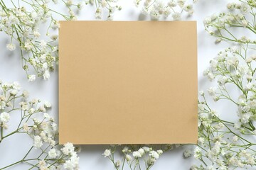 Top view photo with paer card and gypsophila flowers on white background 