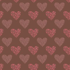 Seamless pattern for Valentine’s Day with hearts consisting of hearts, both filled watercolor and empty outlines on a mocha background. Perfect for textile, fabric, wrapping paper, backdrop, bedding 