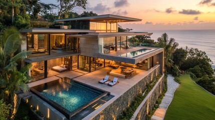 Fototapeta premium Luxury Oceanfront Villa at Sunset: An Architectural Masterpiece