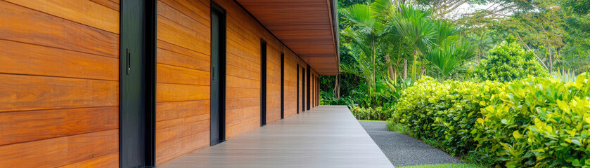 Recycle conservation renewal sustainability concept. Modern wooden building with a lush green garden and walkway surrounded by tropical foliage.