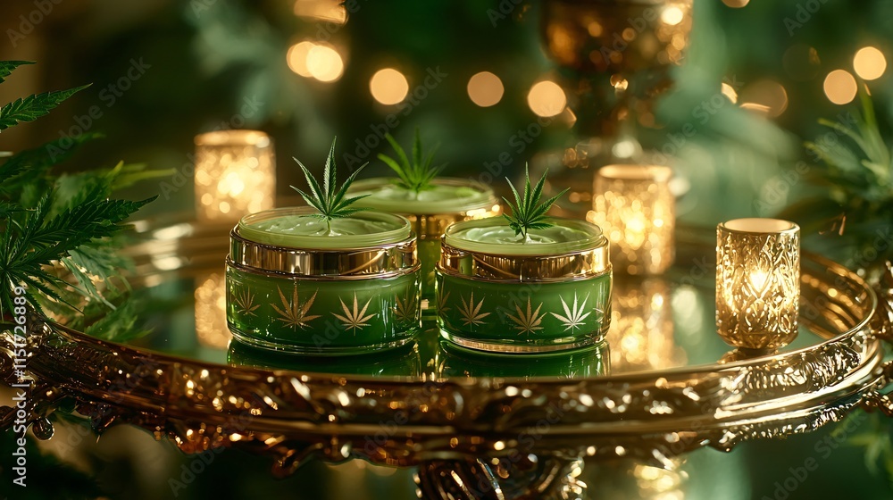 Aufkleber a luxurious cannabis-infused night cream jar placed on a mirrored tray with soft green lighting in t