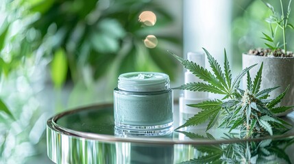 A luxurious cannabis-infused night cream jar placed on a mirrored tray with soft green lighting in the background Stock Photo with side copy space
