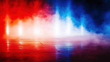 Red and blue smoke and light on wet floor.