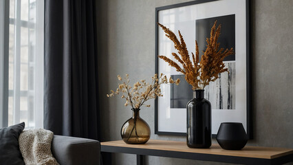 Beautiful and contemporary arrangement of the living room's interior featuring a mock-up poster frame, a black shelf, dried flowers in a vase, décor, and tasteful accessories. minimalist interior desi