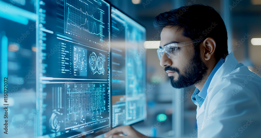 Poster a focused researcher analyzing complex data on multiple computer monitors in a modern lab setting, s