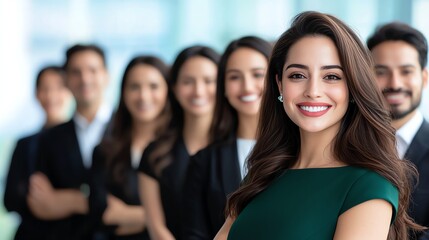 A confident businesswoman leading a diverse team, showcasing teamwork and leadership in a corporate setting.