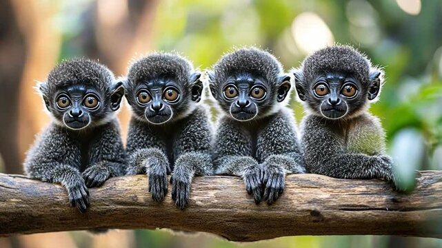 Four Adorable Baby Gray Mouse Lemurs in a Row 