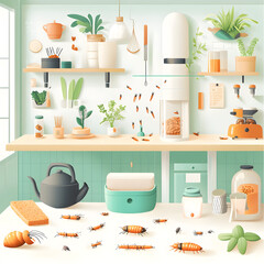 Design an image showing insect farming, such as crickets or mealworms, in a modern farm setting, with processed products