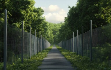 Serene Path along Fence Through Lush Forest Canopy, Dappled Sunlight Filtering Down, Creating Dreamy Atmosphere
