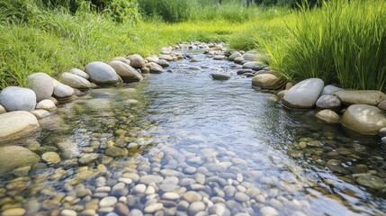 Serenity flows: Crystal clear stream meanders through lush mountainside, a tranquil oasis in the wilderness, natures beauty revealed.