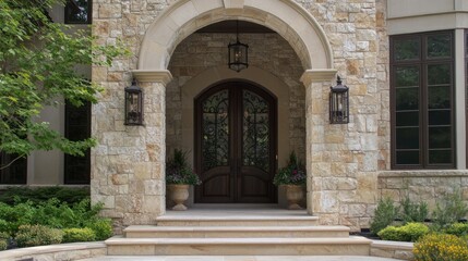 Elegant Stone Mansion Entrance: Architectural Details and Landscaping