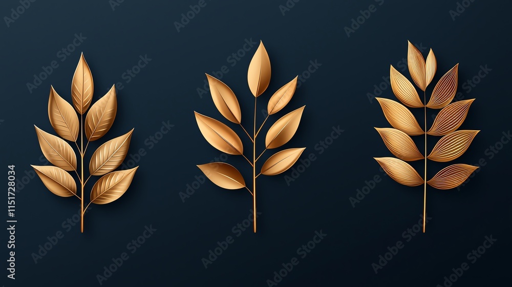 Poster three elegant golden leaf branches arranged in a row on a dark background, showcasing a minimalist a