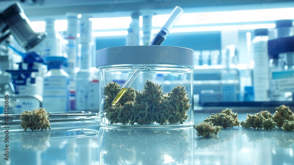 Poster a green-and-white lab setup with cannabis extract in a pipette and medical tools arranged neatly sto