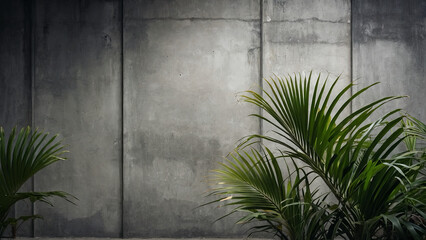 Tropical palm leaves against a blank, rustic backdrop. Behind the internal concrete wall is a jungle garden.
