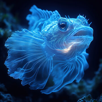 blue glowing anglefish with a transparent body in the deep sea