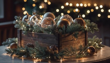 Rustic Wooden Box with Luxurious Holiday Ornaments and Evergreen Accents
