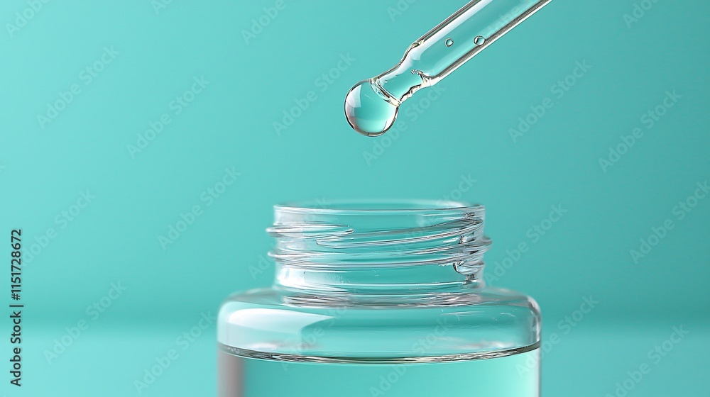 Poster A drop of CBD oil falling from a pipette into a clear bottle with a soft green gradient background Stock Photo with side copy space