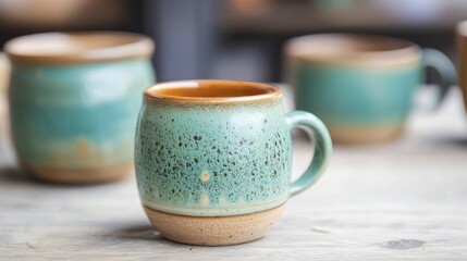 Variety of colorful coffee mugs arranged neatly on wooden table at cozy cafe with natural light streaming in from window.