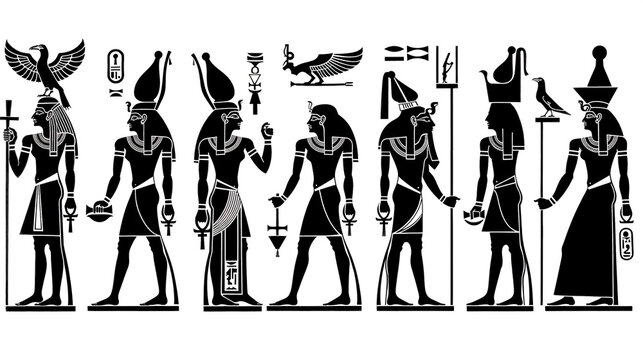 ancient egyptian gods in traditional black silhouette style depicting deities with animal heads, and sacred symbols like the ankh and staff, arranged in a hieroglyphic lineup cutout isolated.