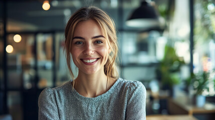 Young professional woman smiling confidently in a modern office setting