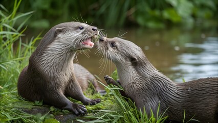 Two playful otters interact on a mossy riverbank, one playfully nibbling at the other's face. 