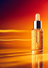 Naklejka premium Golden bottle of facial serum on bright gradient red and yellow background