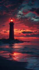 Lighthouse glows, red sunset reflects, calm ocean.