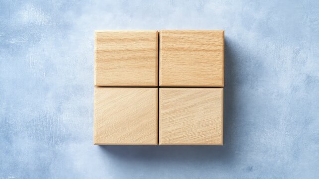 Fototapeta Vibrant blue background with assorted wooden cubes in geometric arrangement for design inspiration.