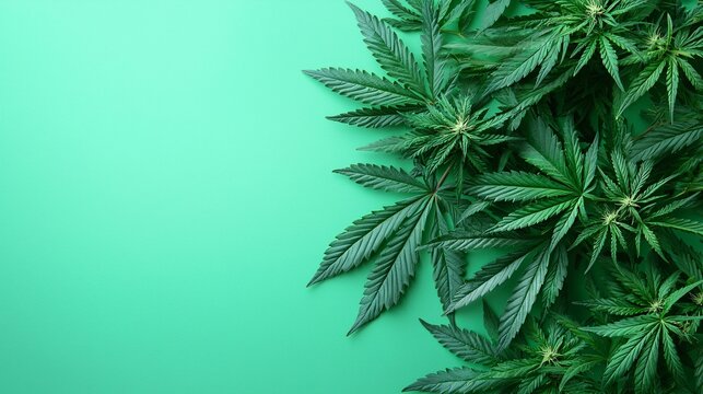 An educational setup showing cannabis leaves next to a poster explaining cannabinoids with clean modern visuals Stock Photo with side copy space