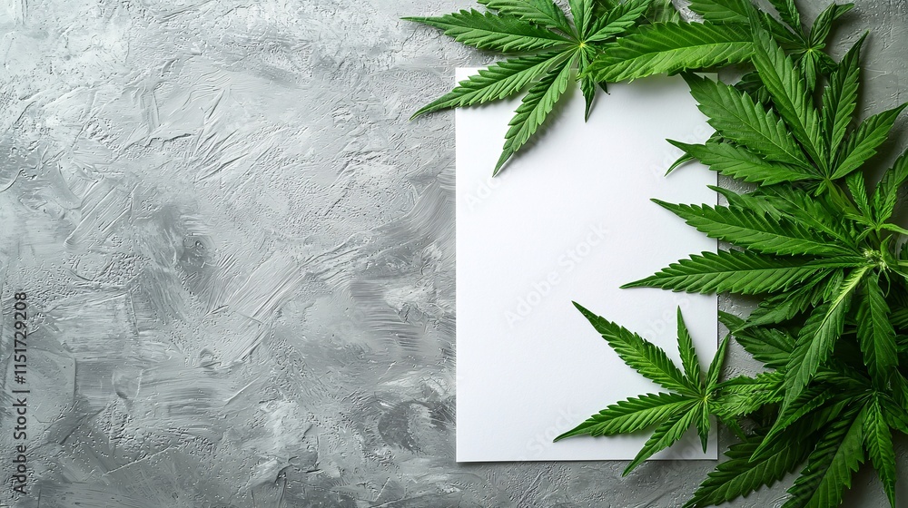 Poster An educational setup showing cannabis leaves next to a poster explaining cannabinoids with clean modern visuals Stock Photo with side copy space
