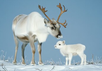 a reindeer and its calf on the snow-covered tundra in Arctic Norway, with clear blue skies