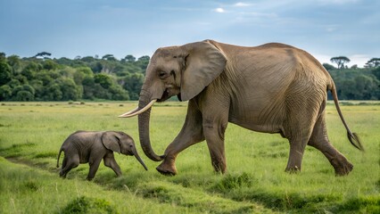 Naklejka premium A heartwarming image of an African elephant mother and her calf walking together through a lush green savanna