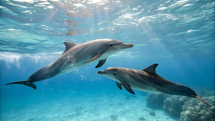 Fototapeta premium Two dolphins swim gracefully through a clear, blue ocean. Sunlight filters through the water, creating a shimmering effect