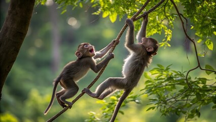 Two Young Monkeys Swinging and Playing on Tree Vines in Jungle