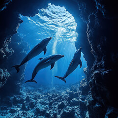 Fototapeta premium a group of dolphins playing around underwater rock cliffs