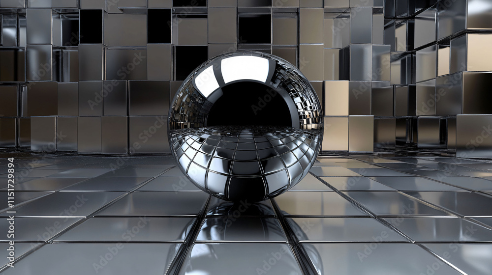 Poster reflective metallic sphere on shiny tiled surface in an abstract space