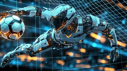 Futuristic Soccer Robot:  A dynamic 3D rendering of a robotic soccer player making a spectacular save, showcasing cutting-edge technology and athleticism. - Powered by Adobe