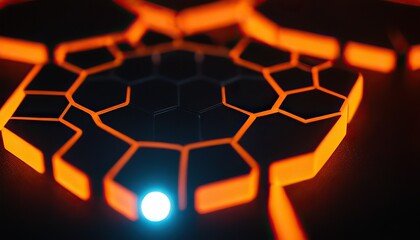 A black hexagon pattern with orange and black hexagons in the center. 52