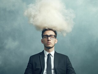 Businessman in suit sitting under thoughtful cloud above.