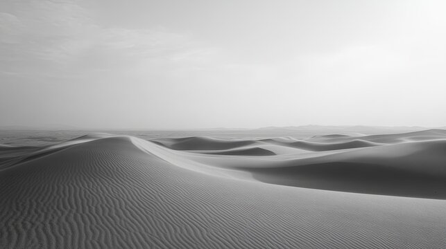 Waves of sand stretch across an empty desert landscape under a soft gray sky at dusk, creating a peaceful and tranquil ambiance