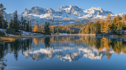 Autumn alpine lake reflects snow-capped mountains and colorful trees under blue skies.